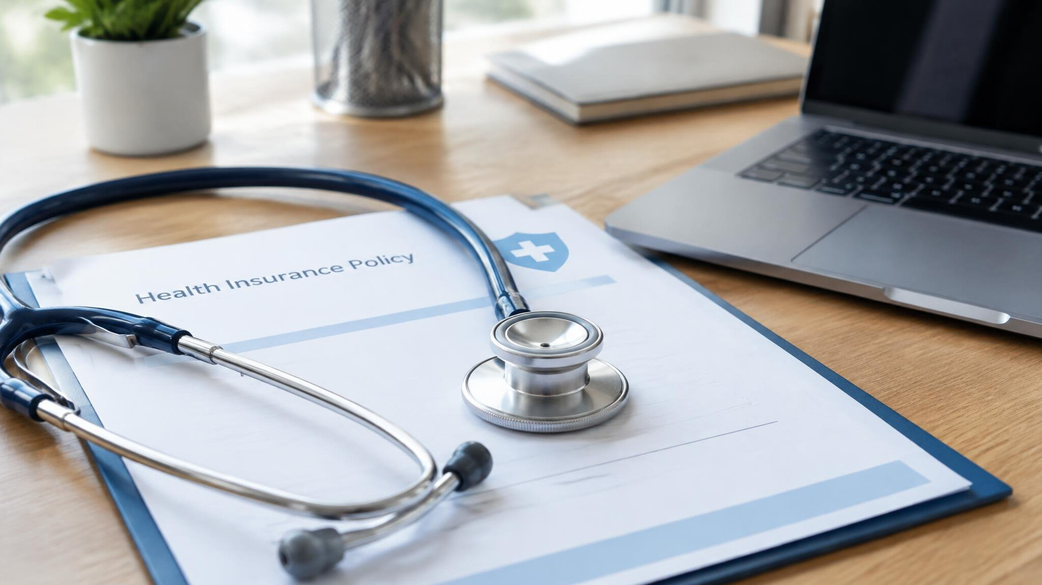 Stethoscope resting on health insurance documents on a desk
