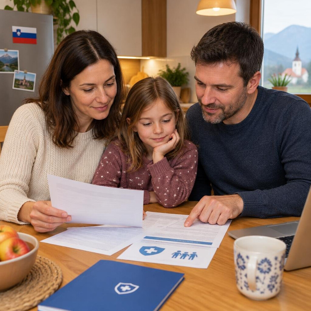 Family reviewing insurance documents together at home