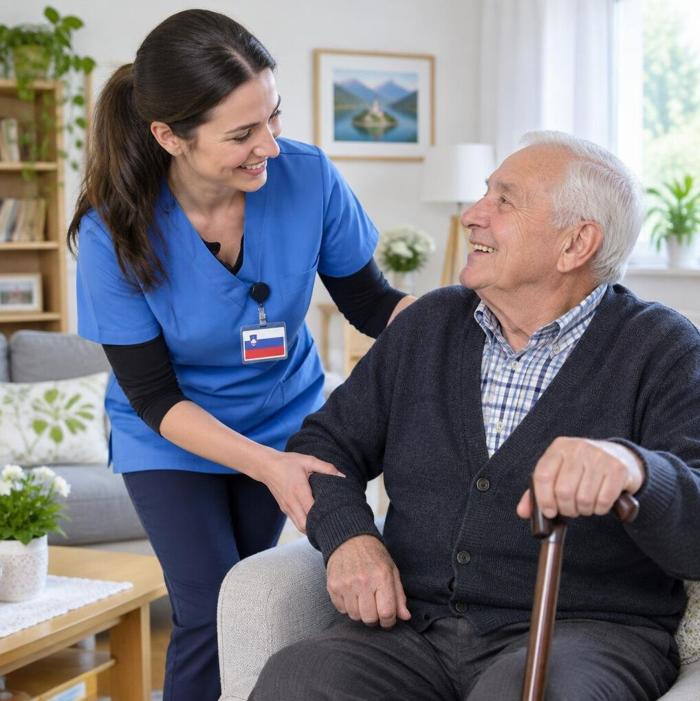 Caregiver assisting an elderly person during a health visit